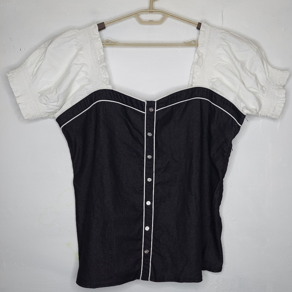 Vtg Empire Top 24W Smocked Square Neck Puffed Sleeve Zip Milkmaid Cottagecore - Picture 1 of 4